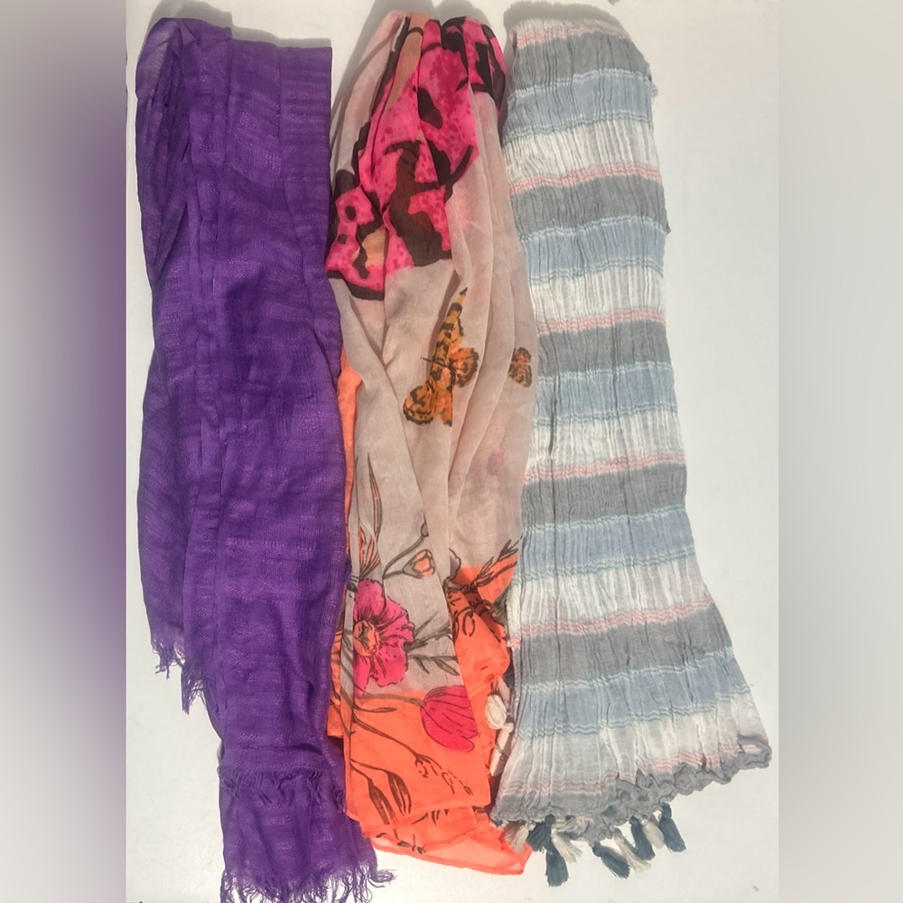 Beautiful Purple Fringe Butterfly And Striped Tassel Sheer Scarf Bundle